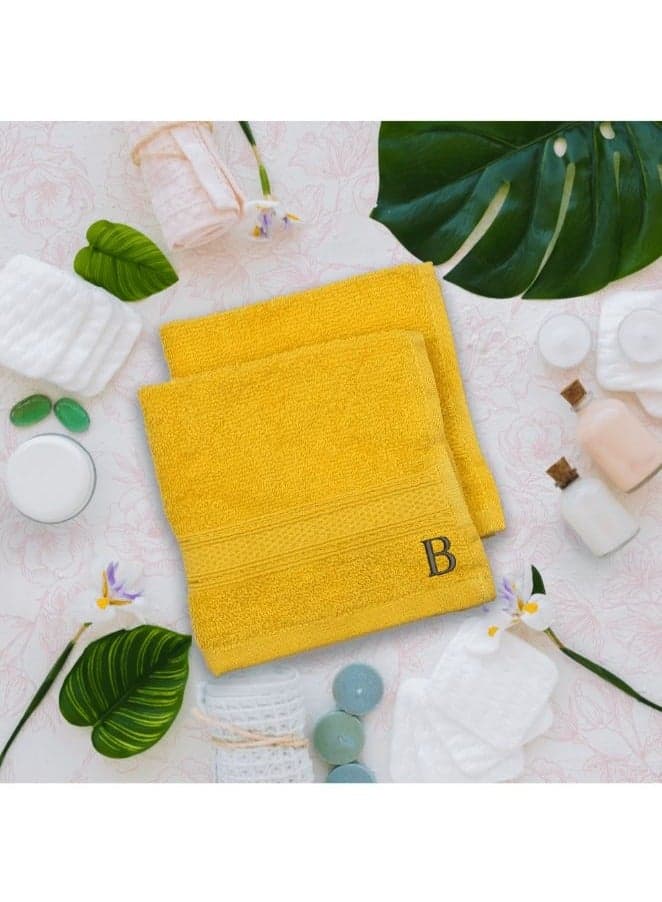 Daffodil (Yellow) Monogrammed Face Towel (30 x 30 Cm - Set of 6) 100% Cotton, Absorbent and Quick dry, High Quality Bath Linen- 500 Gsm Black Thread Letter "B"