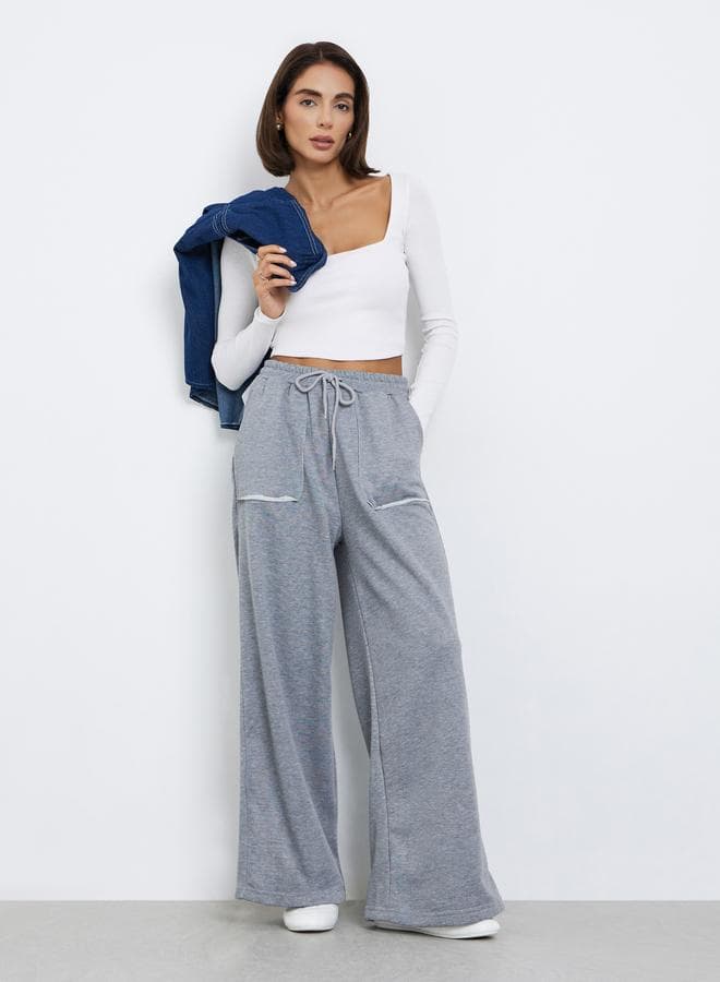 Women Grey Plain Wide Leg Joggers with Drawstring Waist