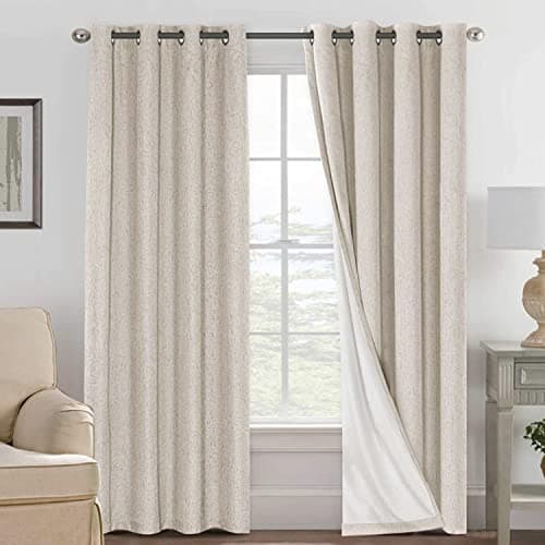 HVERSAILTEX Linen Blackout Curtains 96 Inches Long 100 Absolutely Blackout Elegant Curtains for Bedroom Thermal Insulated Linen Drapes Grommet Curtains with White Liner 2 Panels Natural