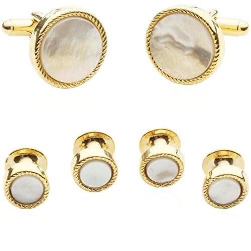 Cuff-Daddy Gold Tone Mother of Pearl Cufflinks and Studs - Tuxedo Goldtone Cufflinks Round Ribbed Tuxedo Formal Set with MOP in Presentation Gift Box - 5/8" and 3/8"