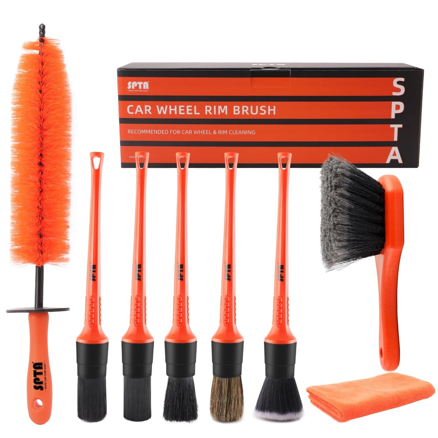 SPTA 8Pcs Wheel Tire Brush Car Detailing kit Easy Reach Wheel and Rim Brush 5pcs Detailing Brushes Short Handle Cleaning Brush 1pc Microfiber Cleaning Cloth Great to Clean Dirty Tires