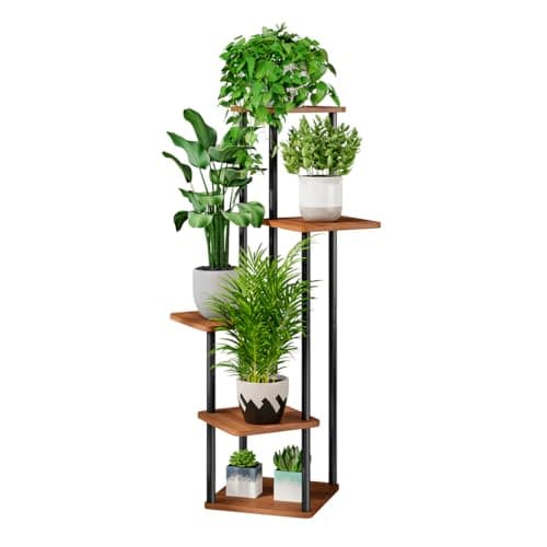 AZERPIAN Plant Stand 5 Tier Indoor Metal Flower Shelf for Multiple Plants Corner Tall Flower Holders for Patio Garden Living Room Balcony Bedroom, Walnut (5 Tier-Walnut)