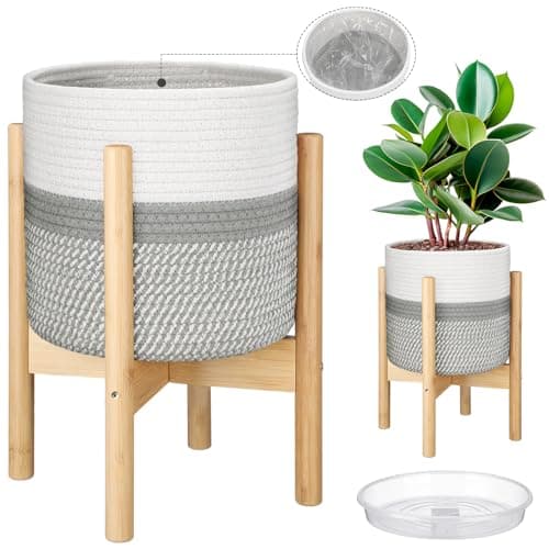 Sunnychicc Plant Basket with Stand Indoor Planter Pot Holder Sturdy Jute Rope Modern Woven Basket Cotton Rope Woven Pot with Bamboo Stand10 InchWhite and Gray