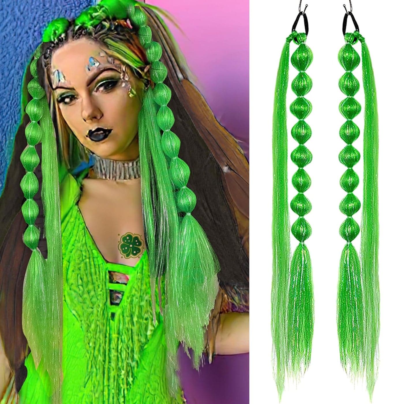 Sparkling Green Lantern Bubble Braid Wig Hair Ties for Women Girls Black Scrunchies Ponytail Hair Extensions Pre Stretched Braiding Hair 23Inch Glitter Synthetic Fiber Braids Hair 2 Pack