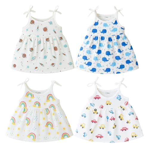 Kidbea® 100% Organic Cotton Newborn Baby Girls Sleeveless Dress | Casual Muslin Frock Infant - 4 Cute Prints (0-3 Months)