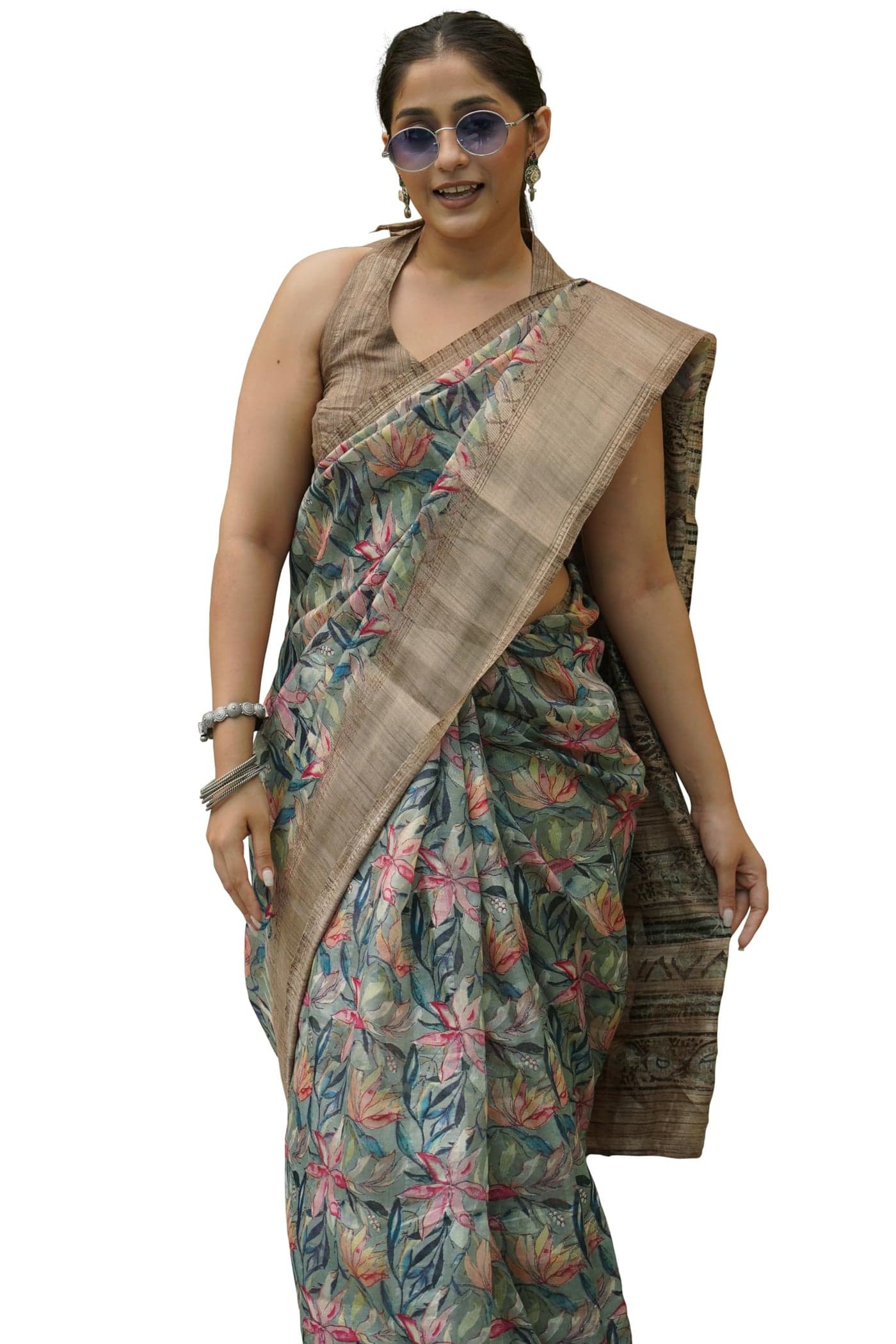 MIRCHI FASHION Women Cotton Blend Floral Printed Saree with Blouse Piece (42026 - Dusty Green, Beige, Multicolor)