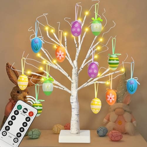 24 Easter Lighted Birch Tree with 12pcs Ornaments Warm White LEDs Tabletop Artificial Tree 8 Lighting Modes USB or Batteries Operated with Timer for Easter Decor