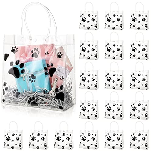 Teling 20 Packs Dog Paw Clear PVC Gift Bags with Handle Reusable Plastic Wrap Tote Bags Transparent for Puppy Pet Treat Party Favor Birthday Wedding Party 8 x 8 x 315 InchBlack