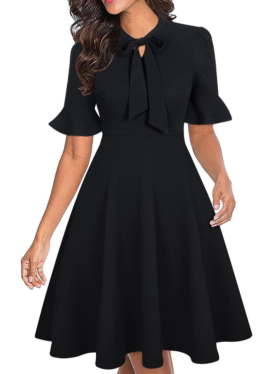 Black Dresses for Women Funeral Outfit Vintage A Line Professional Simple Classy Dressy Knee Length Wedding Guest Church Fancy Dinner Cocktail Dress L