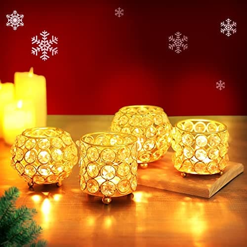 TIED RIBBONS Pack of 4 Crystal Tealight Candle Holder Centerpieces Votive Candle Holders - Decorations Items for Dining Table (7 cm X 7 cm) - Decorations Items for Home Office Gifts Item