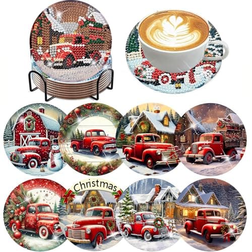 ijbnhd 8 PCS Christmas Diamond Art Coasters Kit Christmas Truck Diamond Painting Coasters with Holder Arts and Crafts Supplies Astral 4X4inch Cork Wooden Pad