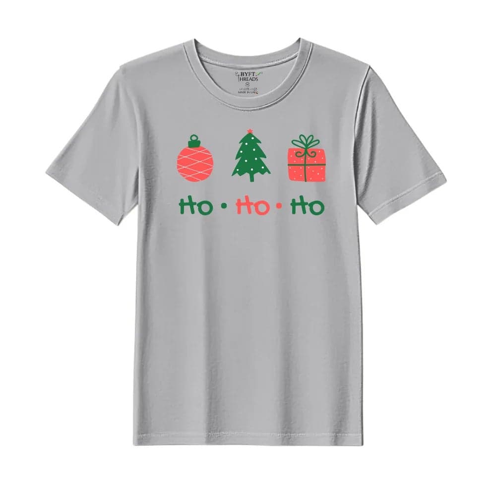 BYFT Threads XXL Grey Polycotton T-Shirt - Christmas "HO HO HO" Printed Design, Premium Holiday Collection