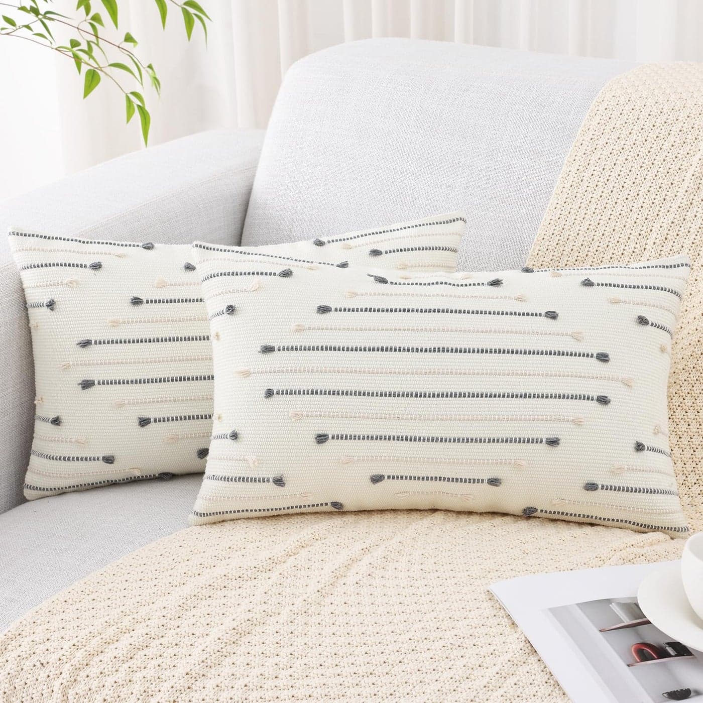 Mecatny Boho Throw Pillow Covers 12X20 Set of 2 Farmhouse Lumbar Pillow Covers for Couch Sofa Living Room Beige Grey