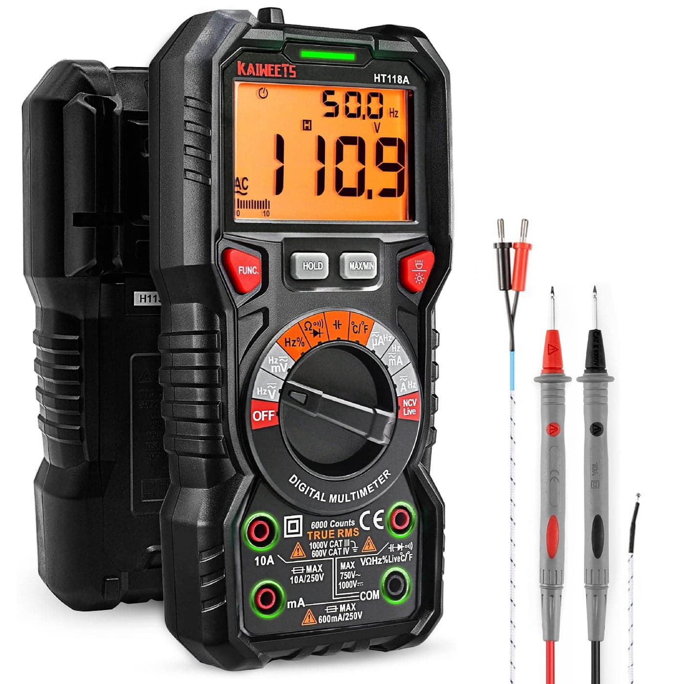 KAIWEETS Digital Multimeter TRMS 6000 Counts Voltmeter AutoRanging Fast Accurately Measures Voltage Current Amp Resistance Diodes Continuity DutyCycle Capacitance Temperature for Automotive