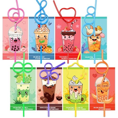 WEMEMORN 32 Pack Valentines Day Cards for Kids with Crazy Loop Straws Bulk Toys 8 Styles Valentines Greeting Cards for Boys Girls Valentines Prizes Party Favor School Classroom Gifts Exchange
