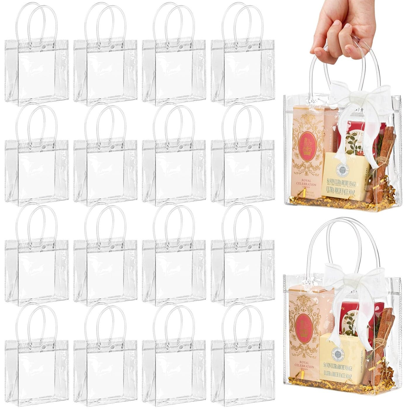 Jutieuo 16 Pack Clear Plastic Gift Bags with Handles 59 x 63 x 28 Reusable Transparent Party Favor Bags PVC Goodie Bags Bulk for Wedding Baby Shower Birthday