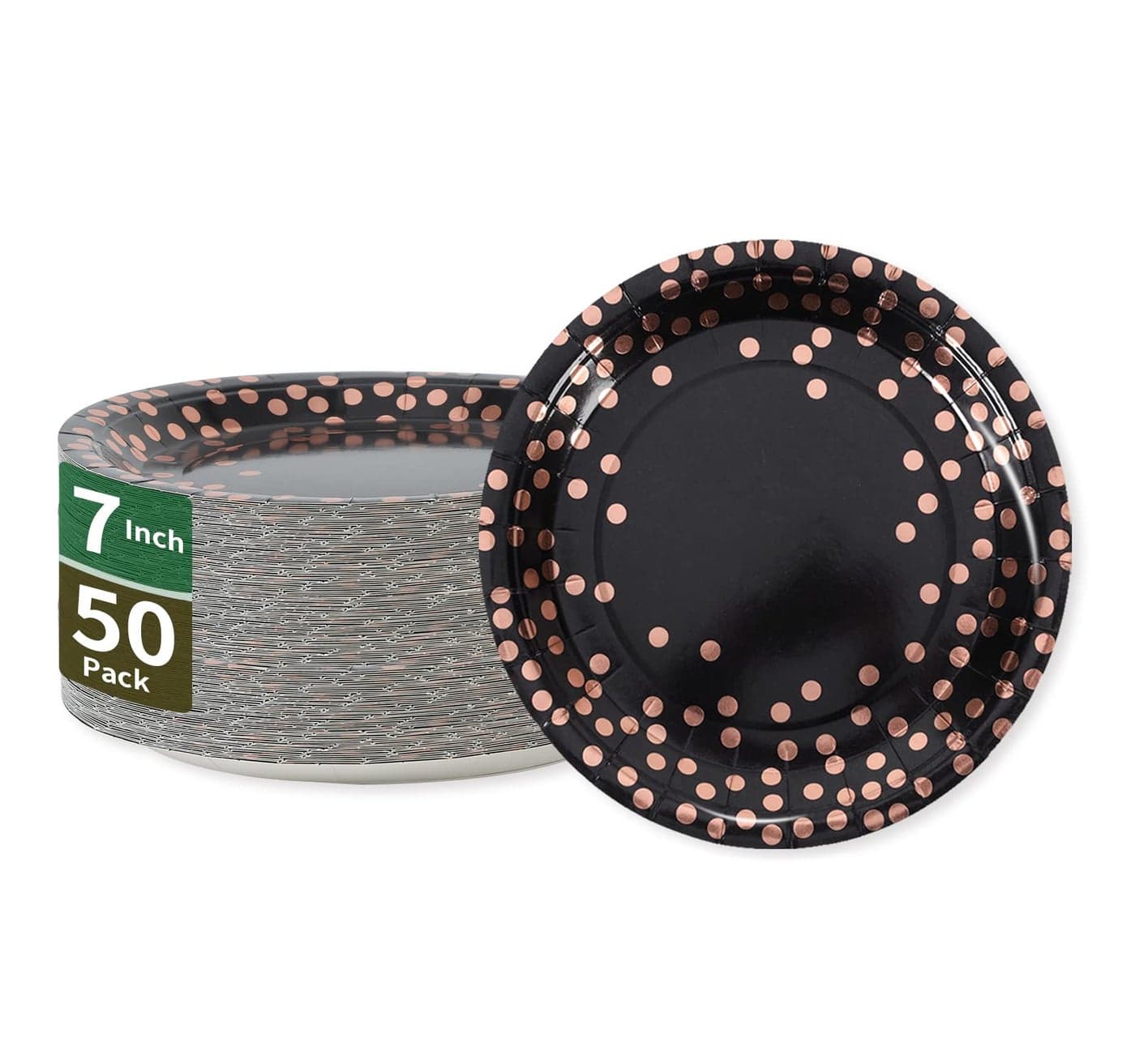 CENLBJ Black Rose Gold Dots Party Paper Plates 50 PCS Disposable Party Supplies Dessert Paper Plate for Birthday Wedding Graduation Supplies 7 inches