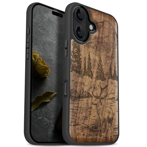 Carveit Magnetic Wooden Case for iPhone 17 Case, Wood Artisan Engraved & Black Soft TPU Shockproof Cover, Compatible with MagSafe Wireless Chargers (Mountains and Deer) Walnut