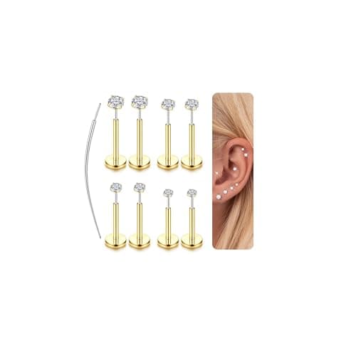 LOLIAS 14K gold plated Threadless Nose Rings Studs for Women Men 316L Surgical Steel Labret Studs CZ Lip Rings Push in Flat Back Stud Earrings Nostril Tragus Helix Piercing Jewelry Hypoallergenic 16G 14K gold plated