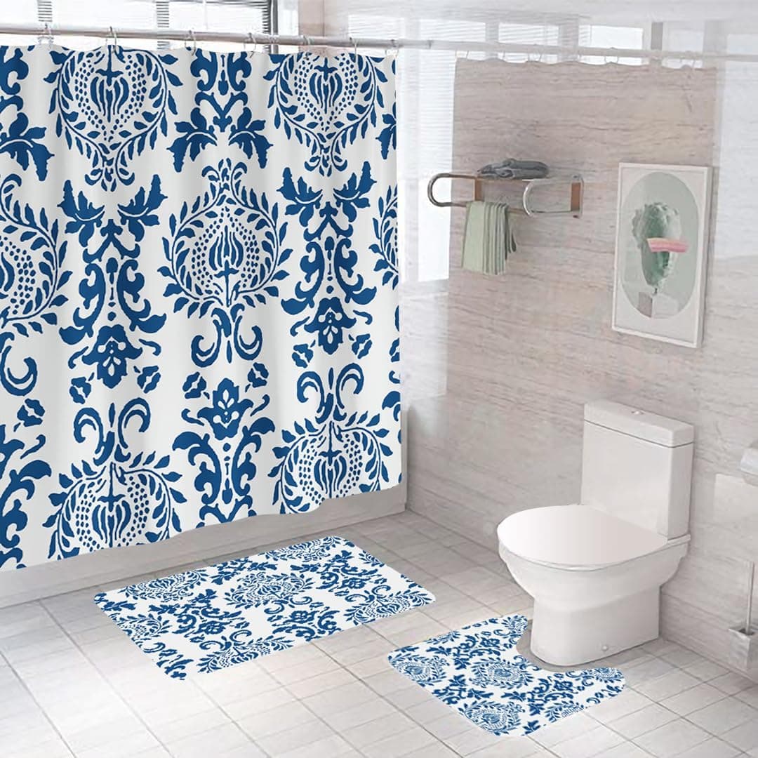 Kuber Industries Shower Curtain & Bathmat Set | Non-Slip Bath mats for Bathroom | Easy-Slide Curtains | Polyester Curtain or Bathmat for Bath Décor | XTL237-3T | 3 Pcs Set | Multicolor