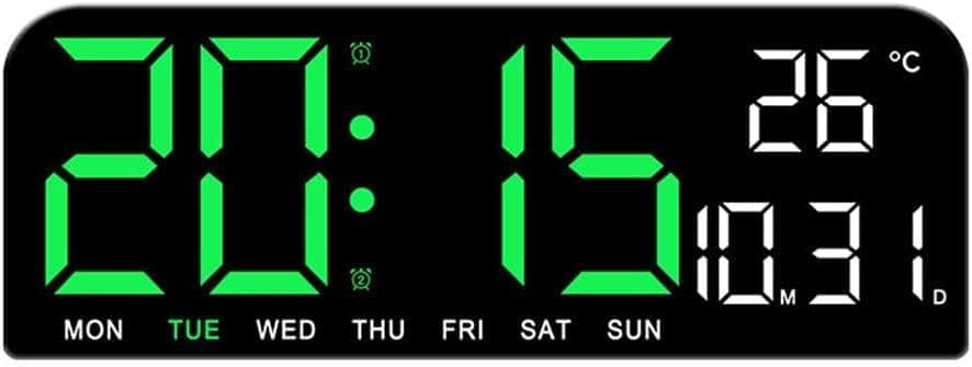 Tetpino plastic Digital Wall Clock with Large Display,LED Digital Clock with Auto Dimmer,12/24H Format,DST,Date,Week,and Temperature Display,Electric Wall Clock (Green)