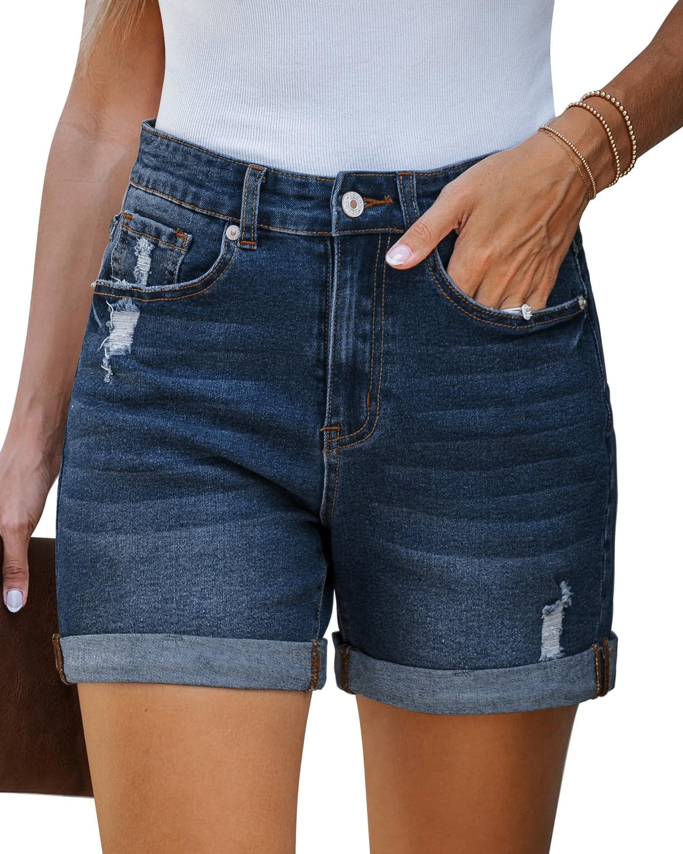 LookbookStore Women's High Waisted Blue Jean Shorts with Pockets - Stretchy Denim Beach Shorts for Ladies - Darkness Blue Medium