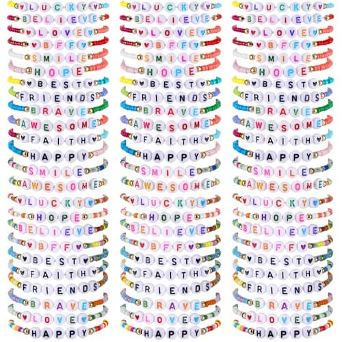 Ecation 96 Pcs Beaded Friendship Bracelets Bulk Inspirational Stretch Bracelets Y2k Colorful Cute Adjustable Jewelry for Rainbow Princess Women Halloween Party Favors Friend Gifts(Classic)