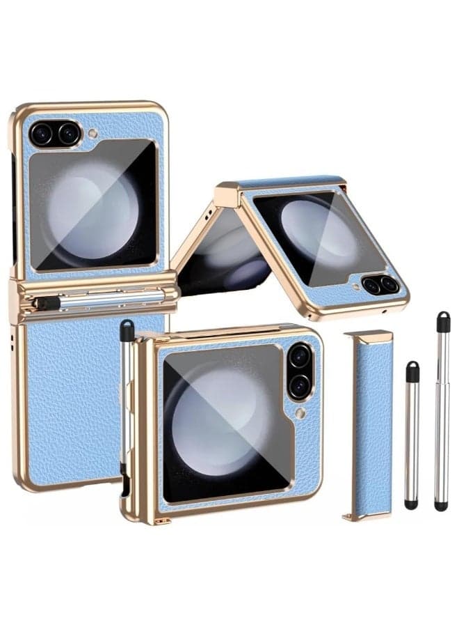 Hinged Case Compatible with Samsung Galaxy Z Flip 6 Case with Pen,Luxury Shockproof Leather + Plating PC Cover Protective Case with Pen Holder For Z Flip 6
