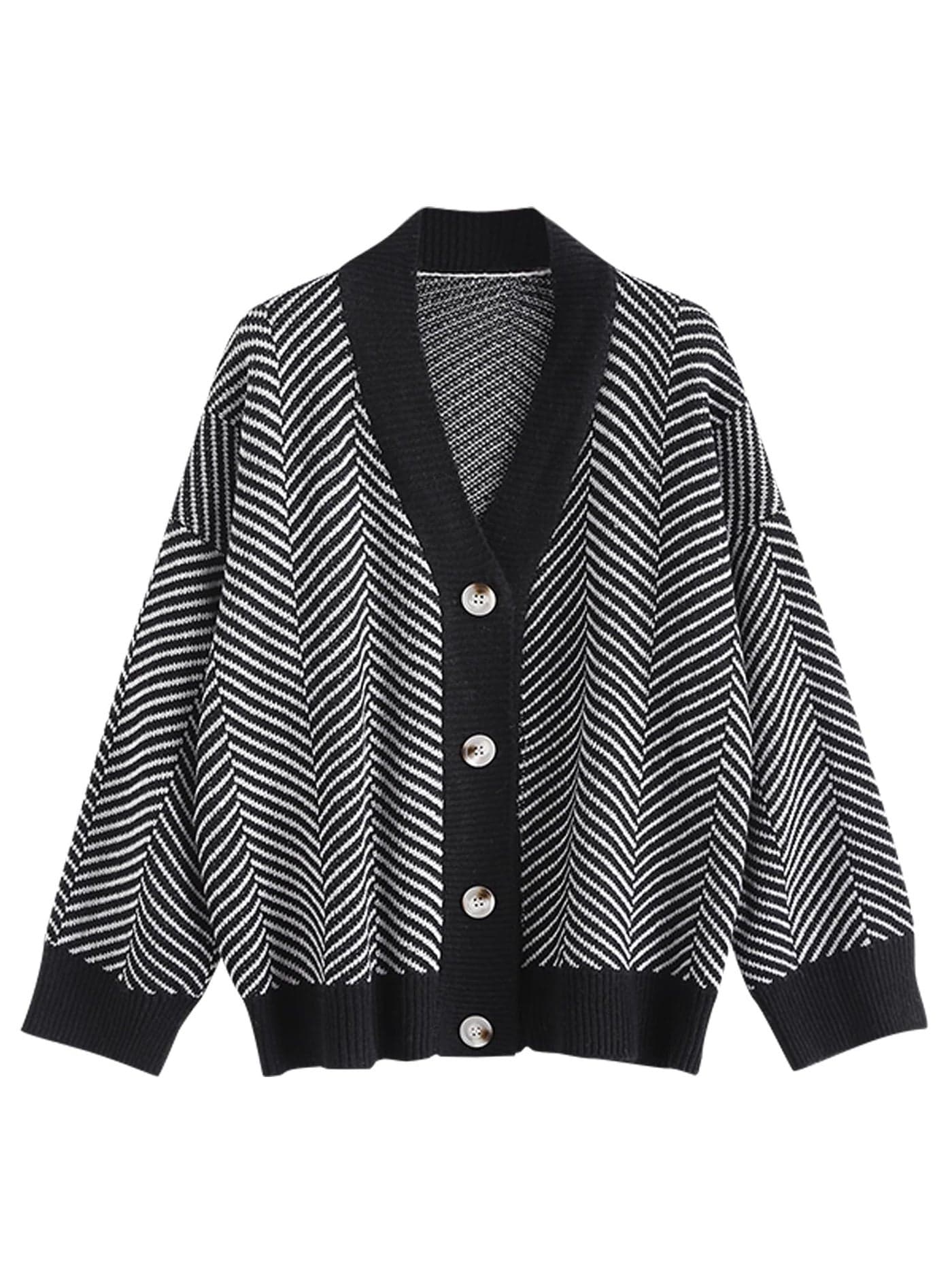 ZAFUL Women's Striped Cardigan Long Sleeve Button Up Open Front Knit Oversized Sweater (1-Graphite Black)