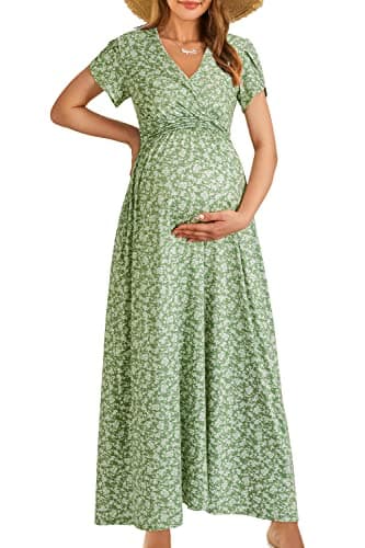 OUGES Summer Maternity Maxi Dress Wrap V Neck Baby Shower Pregnancy Dresses for Photoshoot(Floral-8, Medium)