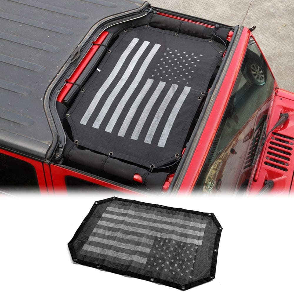 JeCar for Jeep JK Sunshade Mesh Top Mesh Top Sun Shade JK Front Sunshade UV Protection for 20072018 Jeep Wrangler JK 2Door and 4 Doors American Flag