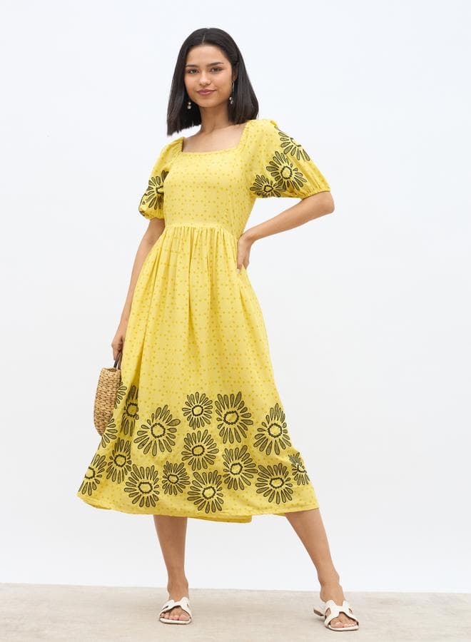 Embroidered Puff Sleeves A-Line Midi Dress — M