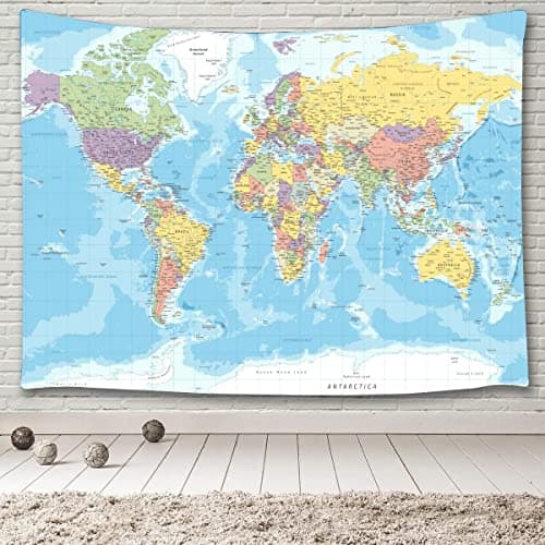 TOMOZ World Map Tapestry Wall Hanging for Kids Student, World Map with Countries and Major Cities Wall Tapestry Educational Tapestries for Bedroom Living Room Dorm Home Decor 90 x 60Inch