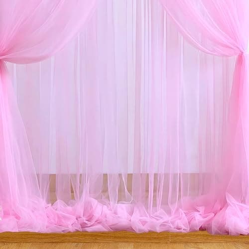 1iAM 4pcs Pink Decoration Net Curtains - Large Size, Stitched with Ribbon, Nylon Made, Reusable, Soft, Wrinkled Free, 8.5x5ft Each, Backdrop Net for Birthday, Anniversary Party Decoration