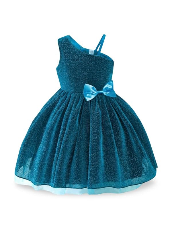 Niren Enterprise Girls' Blue Sparkle Tulle Frock with Satin Bow One-Shoulder Glitter Party Dress | Birthday