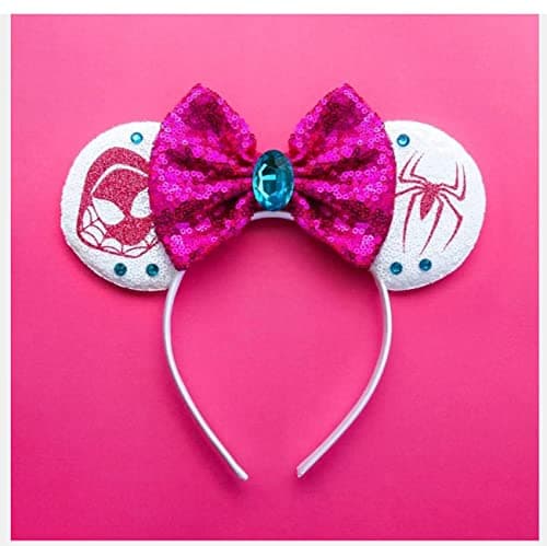 Atvscay Superhero Inspired Mouse Ears Headband Glitter Spider Hairband Accessories Decoration For Halloween Birthday Cosplay Costume Party for Boys Girls Pink spider