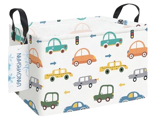 LANGYASHAN Rectangular Storage Bin Collapse Canvas Fabric Cartoon Storage Basket with Handles for Organizing Home Kitchen Boys and Girls Toys Office Closet Shelf BasketsRec Color Cars