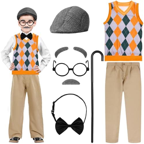 Liitrsh 8 Pcs Old Man Costume for Kids Grandpa Costume 100 Days of School Halloween Vest and Pants for Boys810 YearsYellow Green Plaid