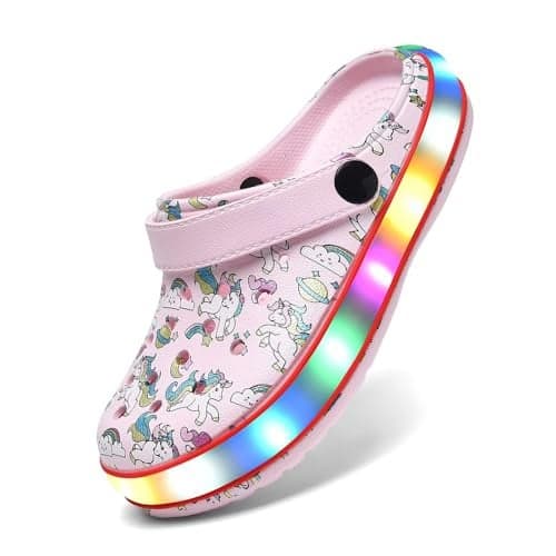 XPKWS Toddler Kids Clogs Boys Girls LED Garden Shoes Light up Sandals Slip on Quick Dry Beach Slippers (DJS-Pink, 29)