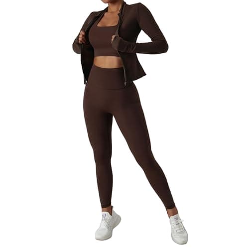 Women’s 3 Piece Workout Set – Sports Bra with Removable Pads, High Waist Leggings & Zip Up Jacket with Thumbholes – Yoga Outfit Activewear for Gym, Running & Training