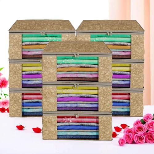 Kuber Industries (Pack of 9) Saree Covers | Non-Woven Saree Bags | Foldable Storage Bag for Almirah & Wardrobe (9 Inch) Clothes Bag for Women (New Flower) Sari Cover Bags | Brown