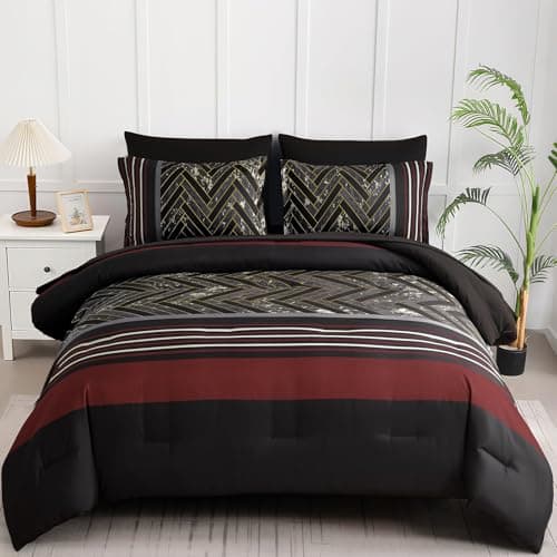 Luxudecor Black and Red Comforter Set King Size, 7 Pieces Stripe Geometric Bed in a Bag, Marble Comforter and Sheet Set, Soft Microfiber Complete Bedding Sets for All Seasons
