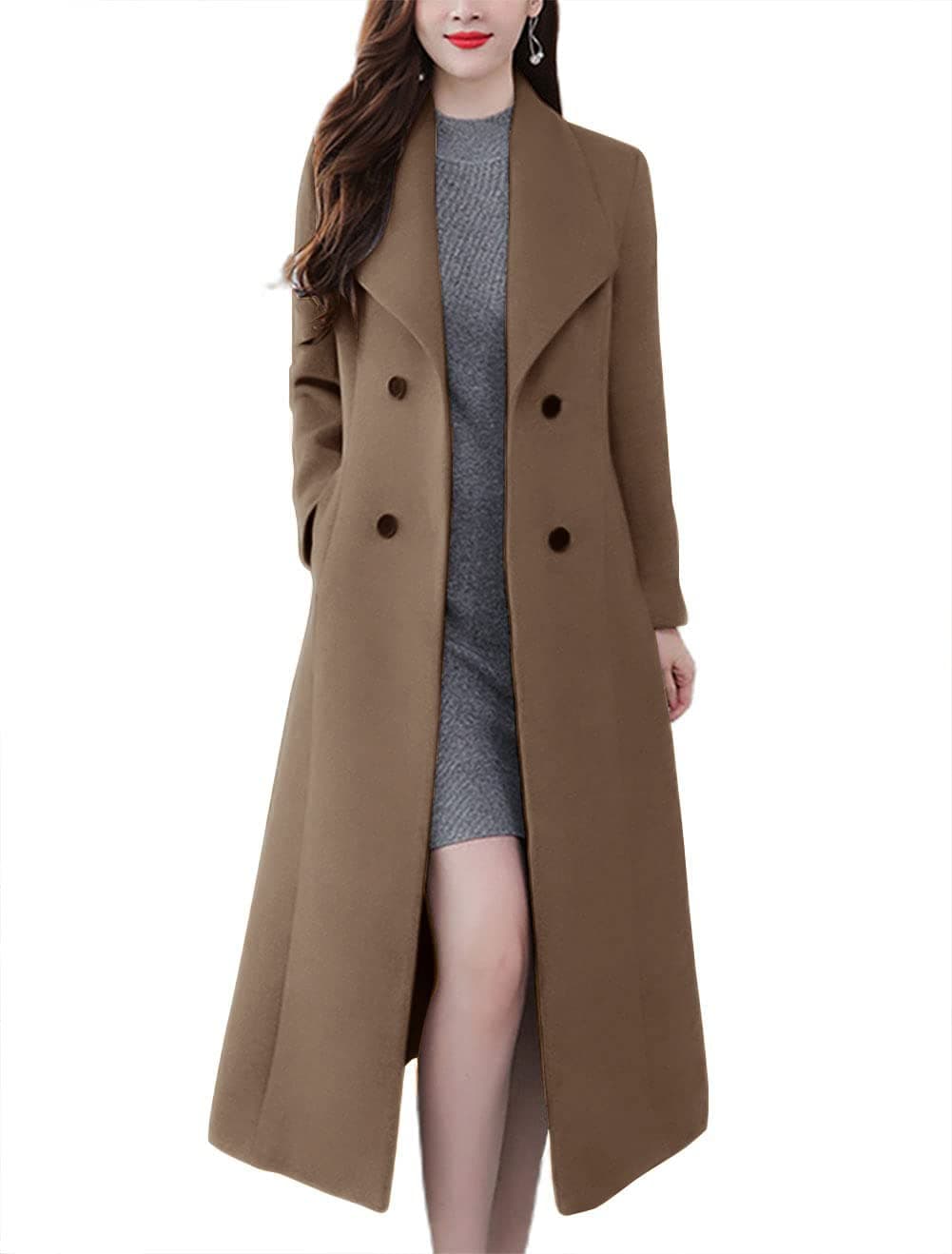 chouyatou Womens Chic Shawl Collar Work Double Breasted Maxi Long Wool Pea Coat Large Coffee