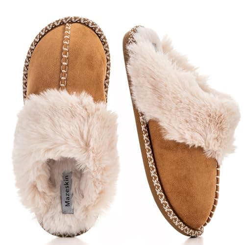 mazeskin Women's Fluffy Memory Foam Slippers, Cozy Winter Furry House Shoes with Warm Fuzzy Lining and Non-Slip Rubber Sole Indoor Outdoor,Chestnut US6-7.5