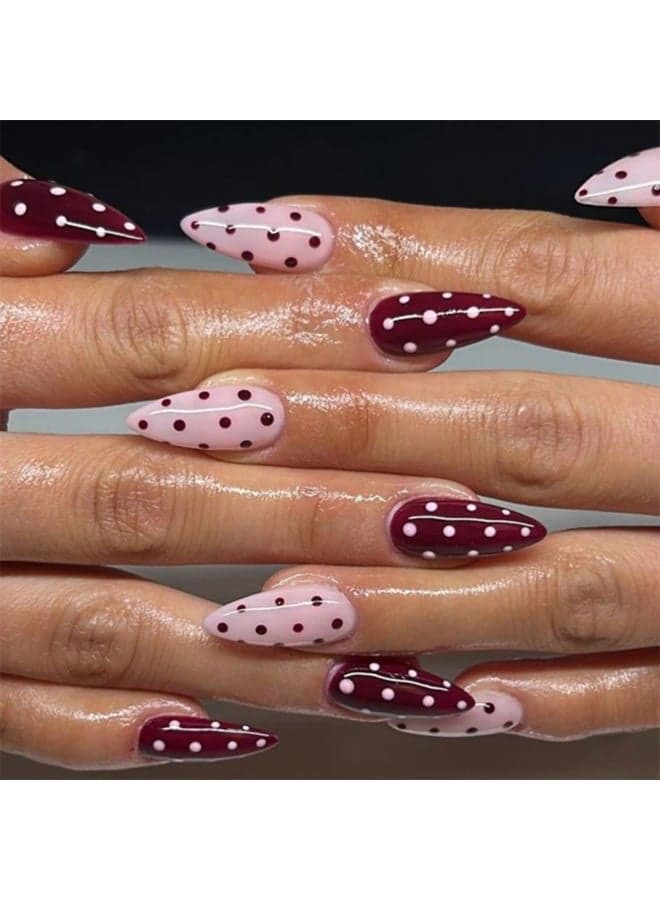 Polka Dot Press on Nails Medium Almond Fake Nails Burgundy Pink Nails Press ons with Design Full Cover Stick on Nails for Women Manicure,Reusable | Artificial | Nail Sticky Tabs | Easy Apply | 24Pcs