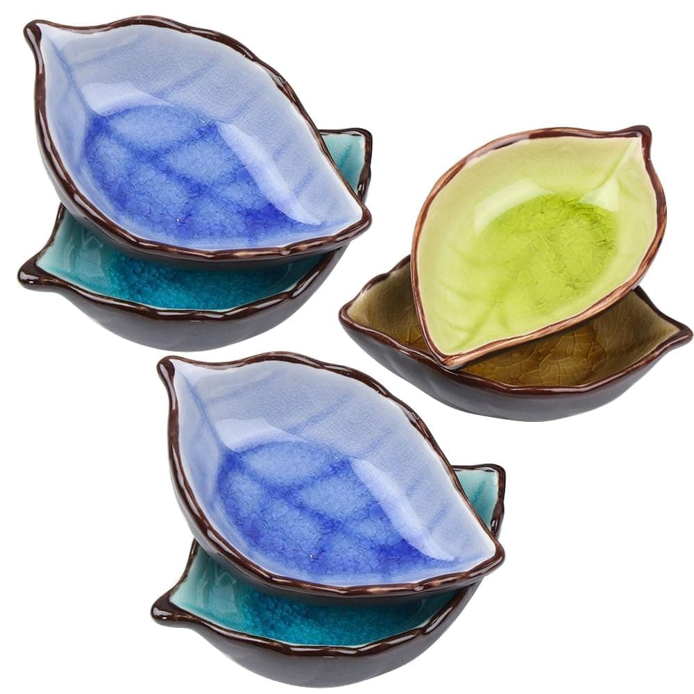 NAIDEV Leaf Ceramic Seasoning Soy Sauce Vinegar Small Plate Kitchen MultiFunctional Vinegar Hotpot Sauce Plate Seasoning Plate Small Serving Bowls for Side Dishes Tea Bag Holder 6