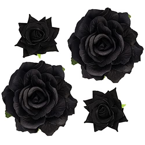 Topbuti Rose Hair Clip Flower Hairpin Brooch, 4 Pcs Fabric Floral Clips Mexican Hair Flowers Pin up Headpieces for Woman Girl Wedding Party Mother's Day (Black)