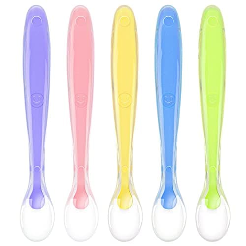 Vicloon Baby Silicone Spoons 5 PCS Baby Training Feeding Spoons for First Stage 4 Months Toddlers Infants Utensils Feeding Supplies Soft Tip BPA Free GumFriendly Dishwasher BoilProof