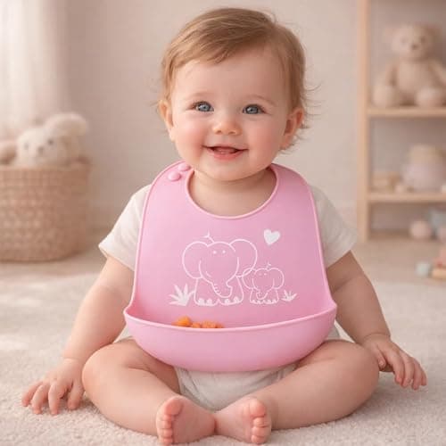 BabyGo Silicone Baby Bib for Feeding & Weaning Infants & Toddlers |Waterproof, Washable & Reusable | Adjustable Neckline, Lightweight & Foldable Bib with Deep Food Catcher Pocket |Pink (Pack of 1)