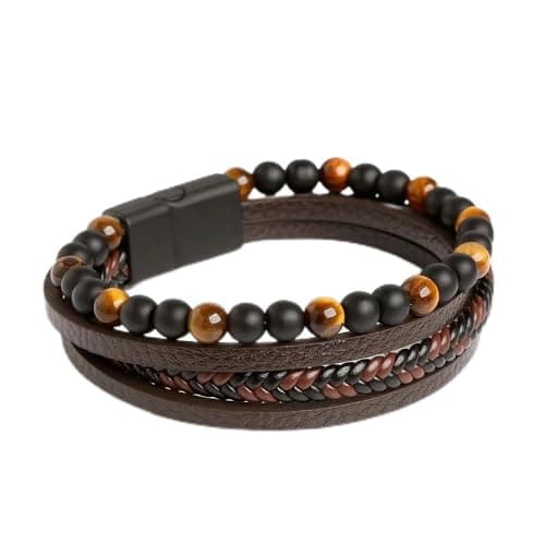 University Trendz Leather Stainless Steel Biker Multistrand Braided Bracelets with Magnetic Clasp for Men and Boys (Style 6)